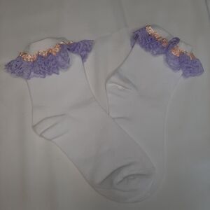 High Cut White Socks with Light Purple Lace & Peach Satin.